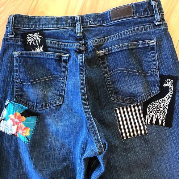Boho Hippie Patch Jeans, Size 8 Long: Upcycled, Tropical Patchwork, Giraffes - Picture 2 of 16